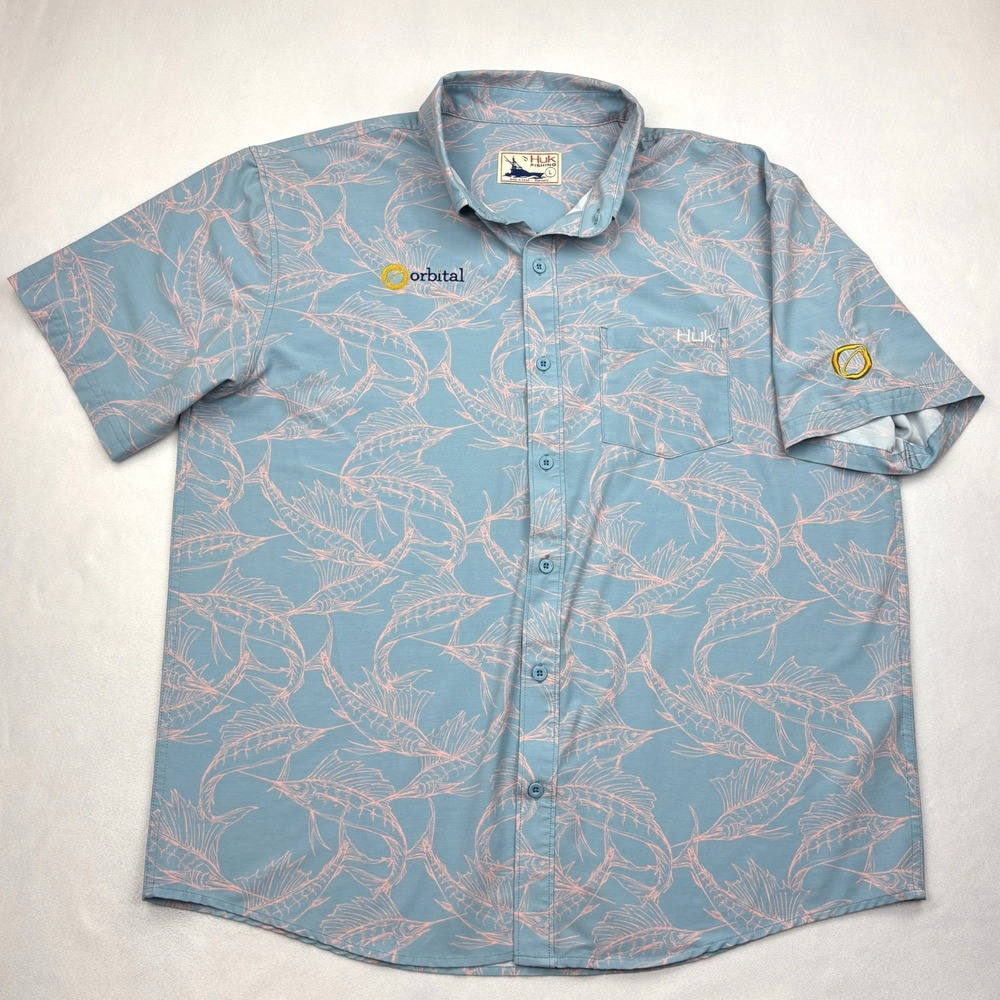 Huk Fishing Shirt Mens Large Blue Pink Marlin Sailfish Vented Stretch Button Up
